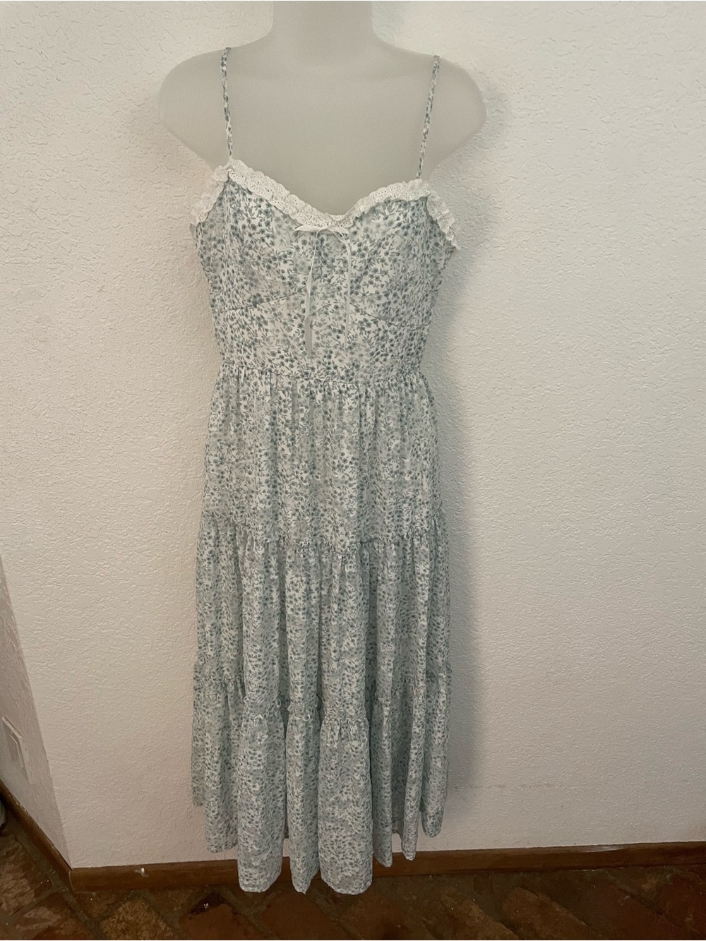 Altar'd State Light sage Floral Lace-Trim Maxi Dress
